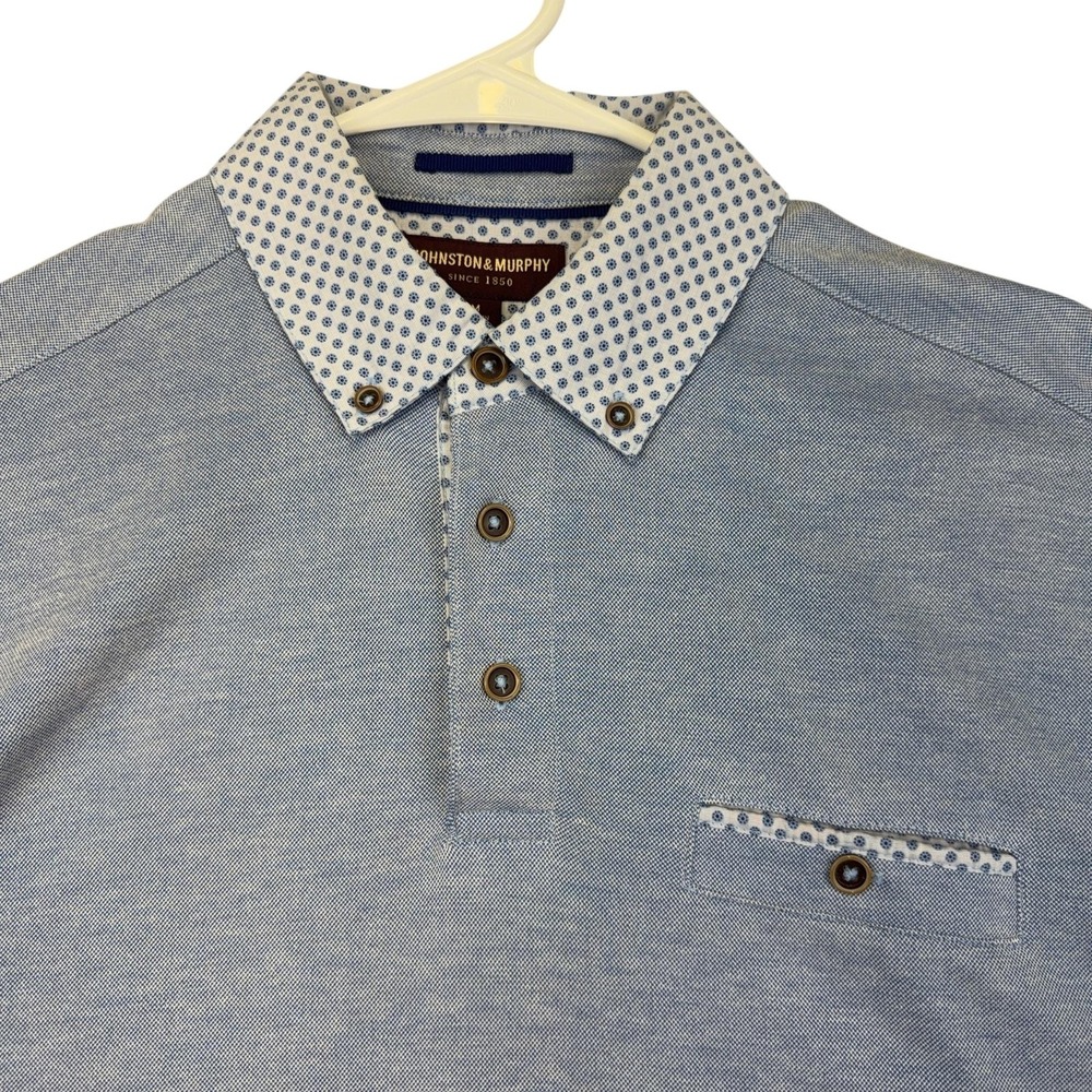 Johnston & Murphy Polo Shirt Mens Medium Blue Contrast Collar Pocket Jersey